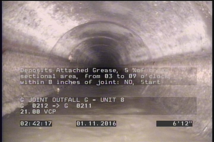 Deposits Attached Grease, 5 %of cross sectional area, from 03 to 09 o'clock, , within 8 inches of joint: NO, Start