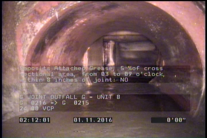 Deposits Attached Grease, 5 %of cross sectional area, from 03 to 09 o'clock, , within 8 inches of joint: NO
