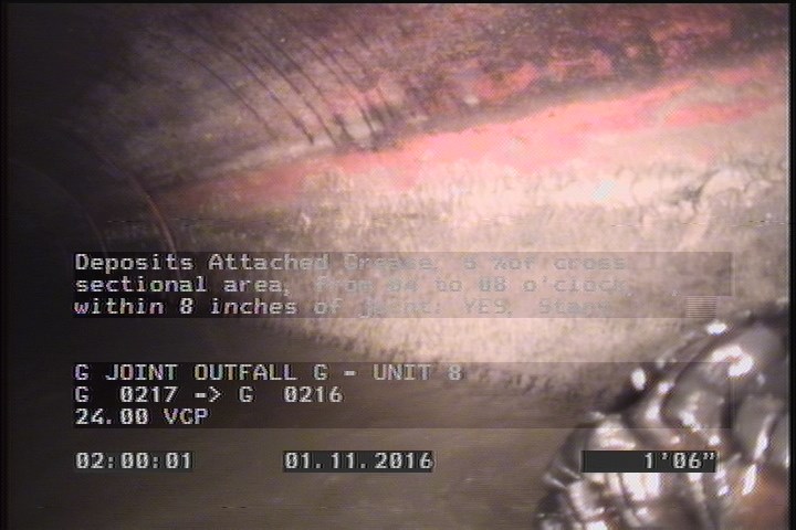 Deposits Attached Grease, 5 %of cross sectional area, from 04 to 08 o'clock, , within 8 inches of joint: YES, Start
