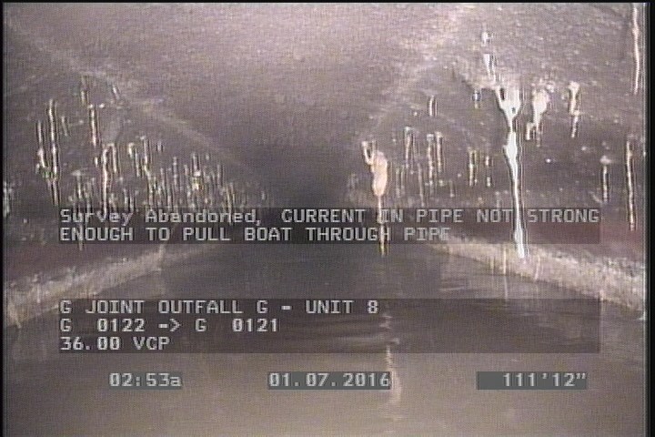 Survey Abandoned - CURRENT IN PIPE NOT STRONG ENOUGH TO PULL BOAT THROUGH PIPE