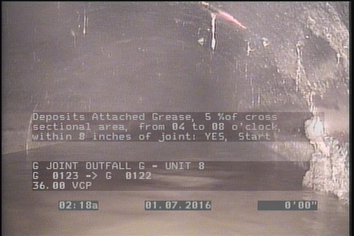 Deposits Attached Grease, 5 %of cross sectional area, from 04 to 08 o'clock, , within 8 inches of joint: YES, Start