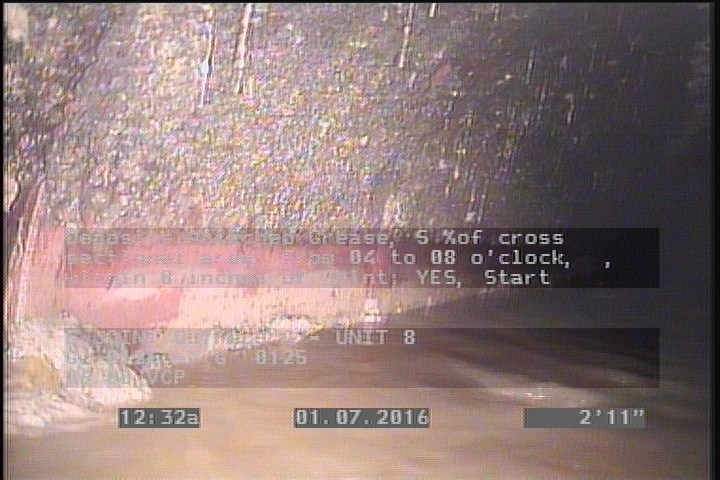 Deposits Attached Grease, 5 %of cross sectional area, from 04 to 08 o'clock, , within 8 inches of joint: YES, Start