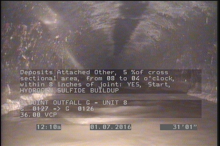 Deposits Attached Other, 5 %of cross sectional area, from 08 to 04 o'clock, , within 8 inches of joint: YES, Start - HYDROGEN SULFIDE BUILDUP