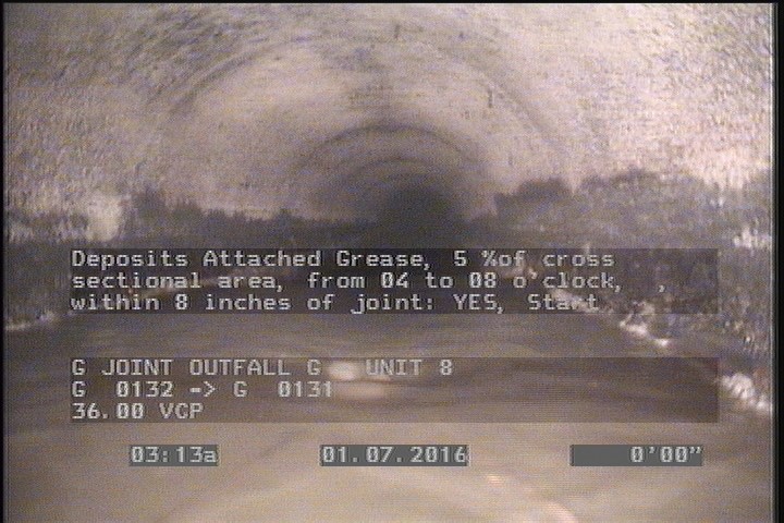 Deposits Attached Grease, 5 %of cross sectional area, from 04 to 08 o'clock, , within 8 inches of joint: YES, Start