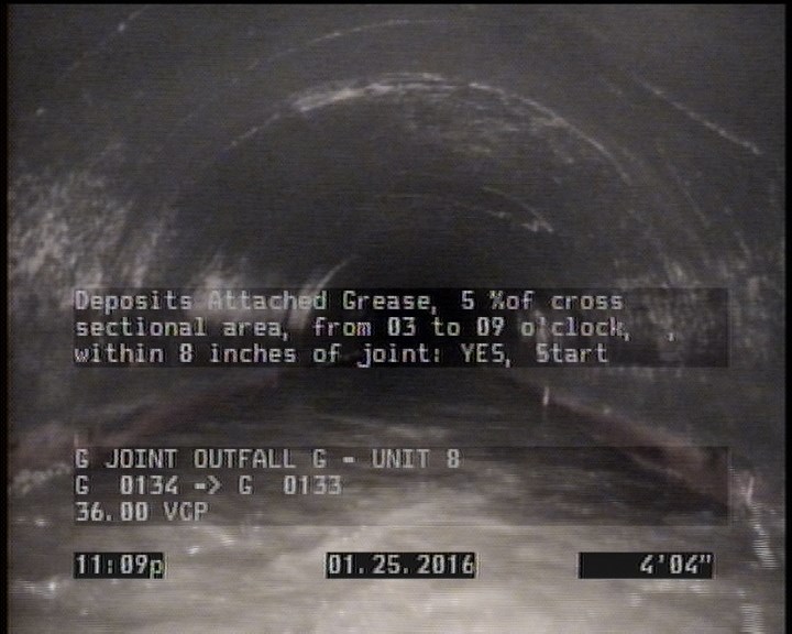 Deposits Attached Grease, 5 %of cross sectional area, from 03 to 09 o'clock, , within 8 inches of joint: YES, Start