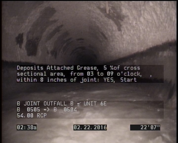 Deposits Attached Grease, 5 %of cross sectional area, from 03 to 09 o'clock, , within 8 inches of joint: YES, Start