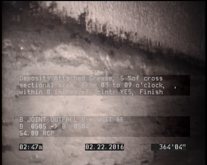 Deposits Attached Grease, 5 %of cross sectional area, from 03 to 09 o'clock, , within 8 inches of joint: YES, Finish