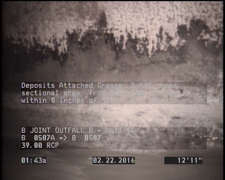 Deposits Attached Grease, 5 %of cross sectional area, from 04 to 08 o'clock, , within 8 inches of joint: YES, Start