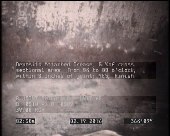 Deposits Attached Grease, 5 %of cross sectional area, from 04 to 08 o'clock, , within 8 inches of joint: YES, Finish