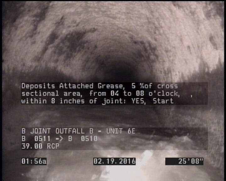 Deposits Attached Grease, 5 %of cross sectional area, from 04 to 08 o'clock, , within 8 inches of joint: YES, Start