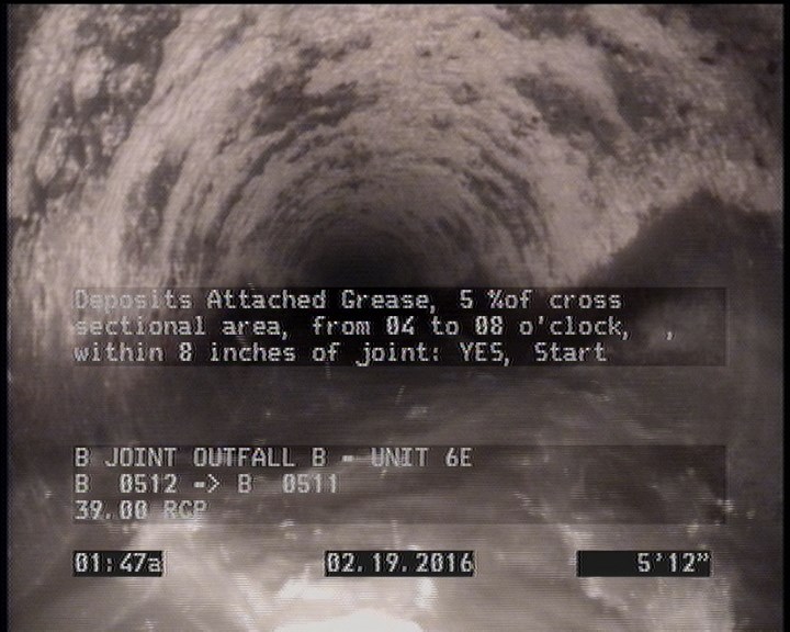 Deposits Attached Grease, 5 %of cross sectional area, from 04 to 08 o'clock, , within 8 inches of joint: YES, Start