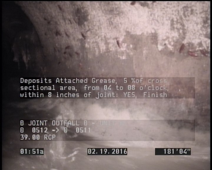 Deposits Attached Grease, 5 %of cross sectional area, from 04 to 08 o'clock, , within 8 inches of joint: YES, Finish