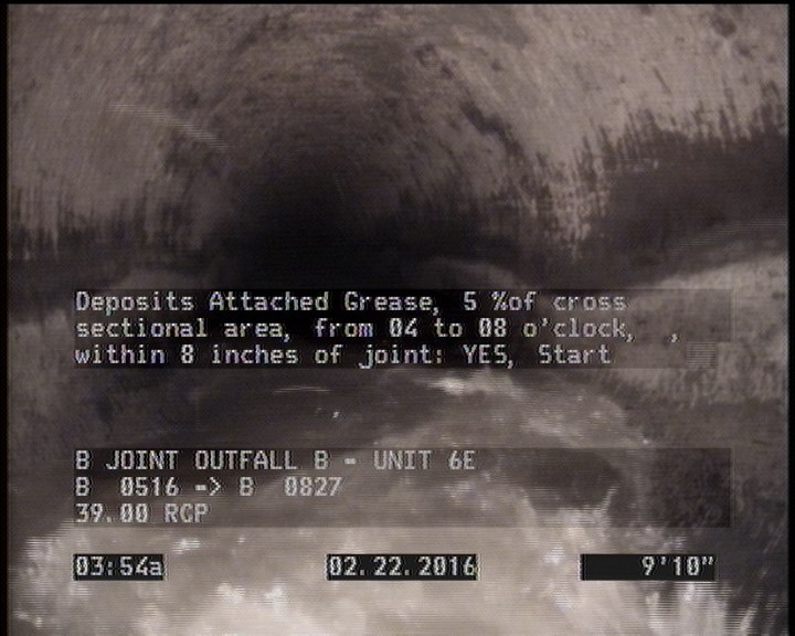 Deposits Attached Grease, 5 %of cross sectional area, from 04 to 08 o'clock, , within 8 inches of joint: YES, Start