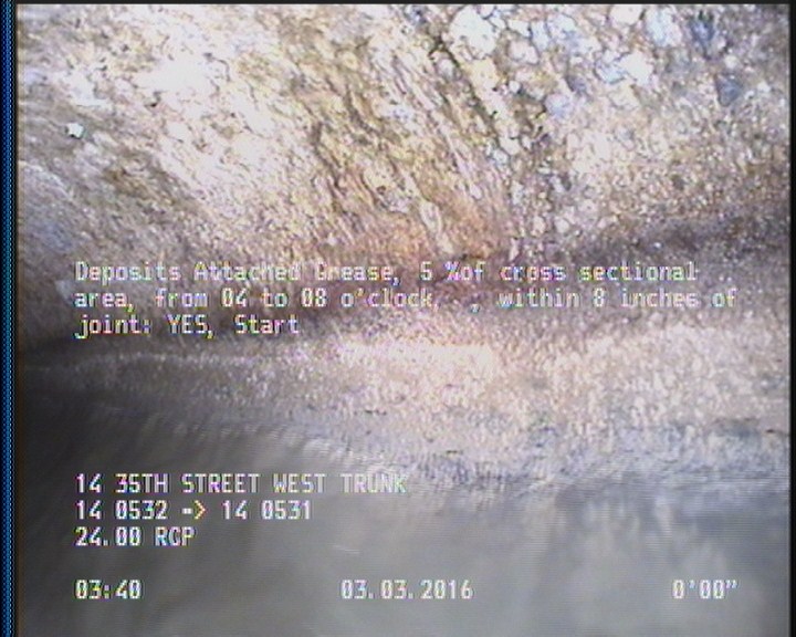 Deposits Attached Grease, 5 %of cross sectional area, from 04 to 08 o'clock, , within 8 inches of joint: YES, Start