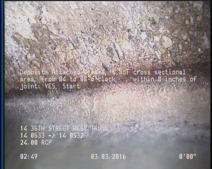 Deposits Attached Grease, 5 %of cross sectional area, from 04 to 08 o'clock, , within 8 inches of joint: YES, Start