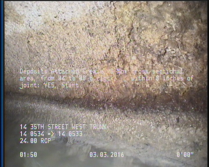 Deposits Attached Grease, 5 %of cross sectional area, from 04 to 08 o'clock, , within 8 inches of joint: YES, Start