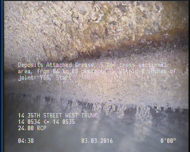 Deposits Attached Grease, 5 %of cross sectional area, from 04 to 08 o'clock, , within 8 inches of joint: YES, Start
