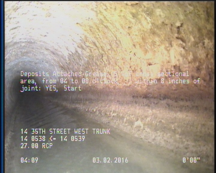 Deposits Attached Grease, 5 %of cross sectional area, from 04 to 08 o'clock, , within 8 inches of joint: YES, Start