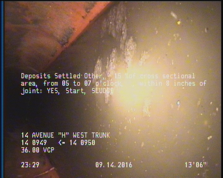 Deposits Settled Other, 20 %of cross sectional area, from 05 to 07 o'clock, , within 8 inches of joint: YES, Start - SLUDGE