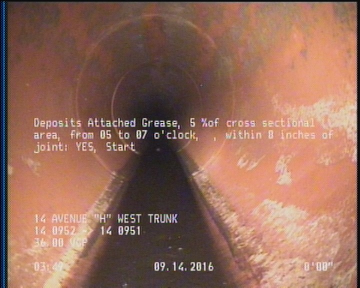 Deposits Attached Grease, 5 %of cross sectional area, from 05 to 07 o'clock, , within 8 inches of joint: YES, Start