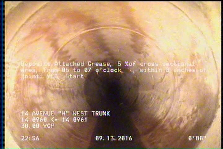 Deposits Attached Grease, 5 %of cross sectional area, from 05 to 07 o'clock, , within 8 inches of joint: YES, Start