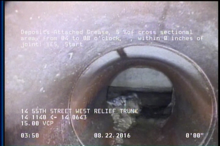 Deposits Attached Grease, 5 %of cross sectional area, from 04 to 08 o'clock, , within 8 inches of joint: YES, Start
