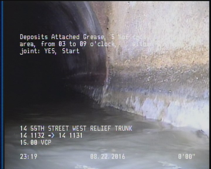 Deposits Attached Grease, 5 %of cross sectional area, from 03 to 09 o'clock, , within 8 inches of joint: YES, Start