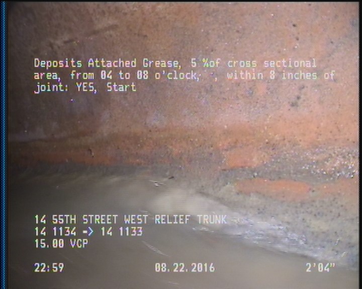 Deposits Attached Grease, 5 %of cross sectional area, from 04 to 08 o'clock, , within 8 inches of joint: YES, Start