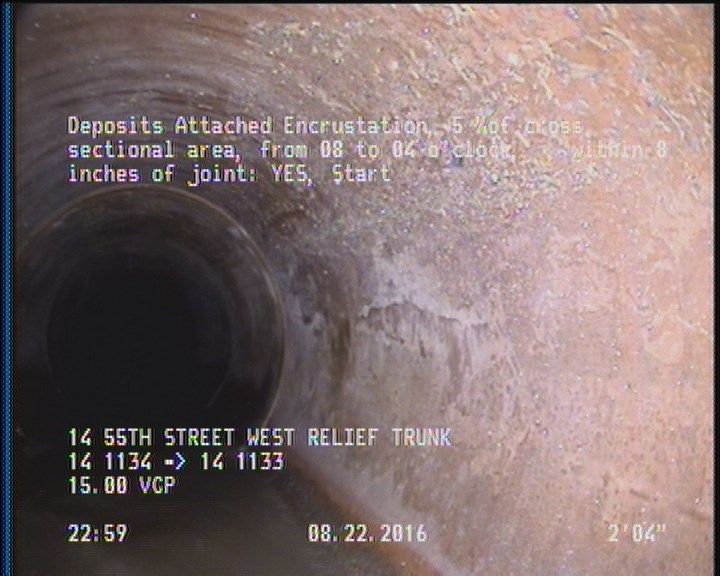 Deposits Attached Encrustation, 5 %of cross sectional area, from 08 to 04 o'clock, , within 8 inches of joint: YES, Start