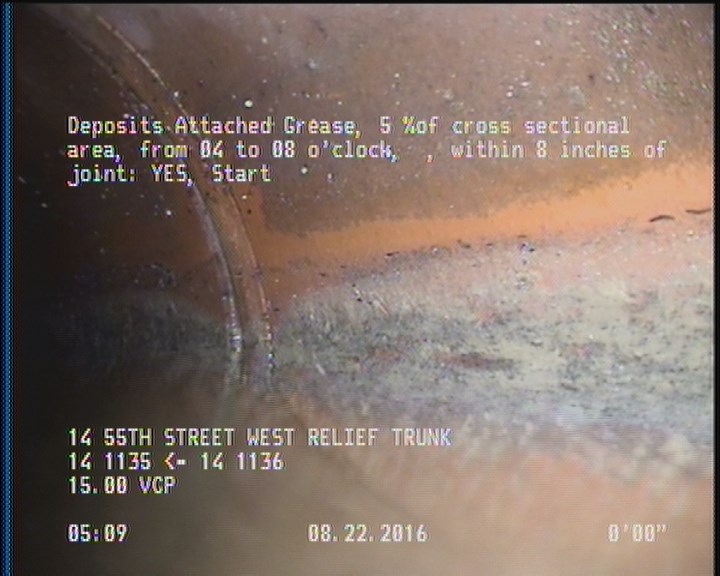 Deposits Attached Grease, 5 %of cross sectional area, from 04 to 08 o'clock, , within 8 inches of joint: YES, Start