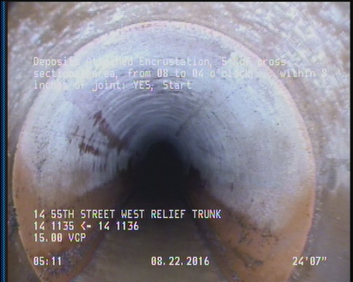 Deposits Attached Encrustation, 5 %of cross sectional area, from 08 to 04 o'clock, , within 8 inches of joint: YES, Start