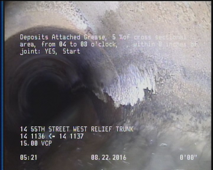 Deposits Attached Grease, 5 %of cross sectional area, from 04 to 08 o'clock, , within 8 inches of joint: YES, Start