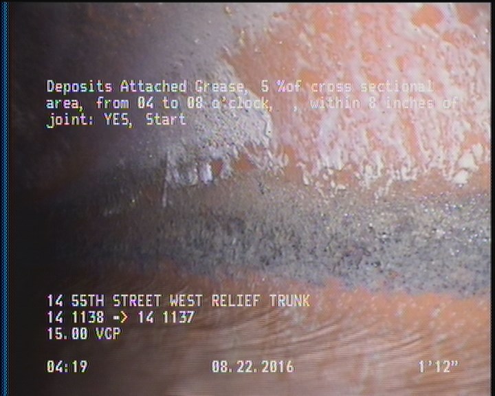 Deposits Attached Grease, 5 %of cross sectional area, from 04 to 08 o'clock, , within 8 inches of joint: YES, Start