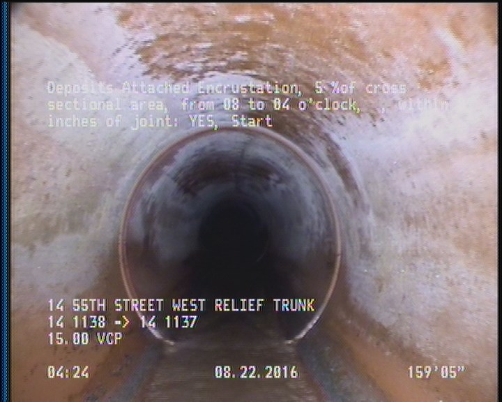 Deposits Attached Encrustation, 5 %of cross sectional area, from 08 to 04 o'clock, , within 8 inches of joint: YES, Start
