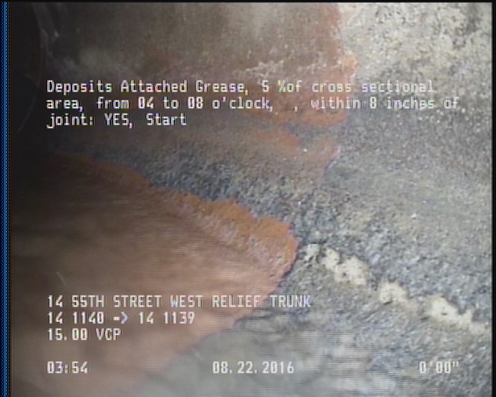 Deposits Attached Grease, 5 %of cross sectional area, from 04 to 08 o'clock, , within 8 inches of joint: YES, Start