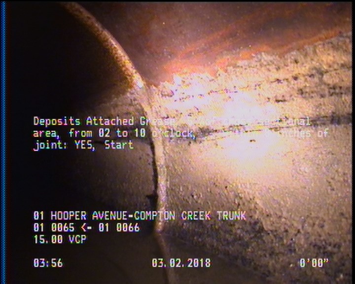 Deposits Attached Grease, 5 %of cross sectional area, from 02 to 10 o'clock, , within 8 inches of joint: YES, Start