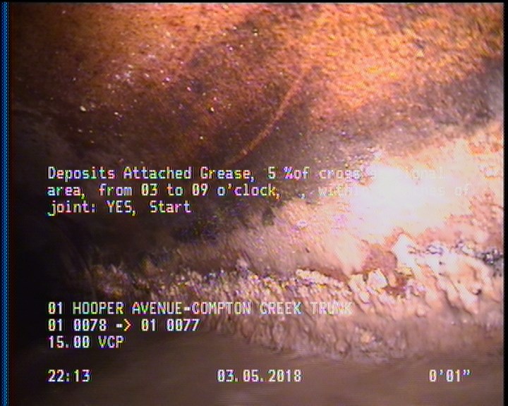 Deposits Attached Grease, 5 %of cross sectional area, from 03 to 09 o'clock, , within 8 inches of joint: YES, Start