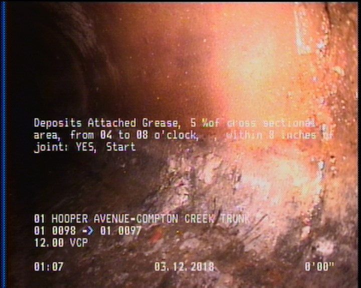 Deposits Attached Grease, 5 %of cross sectional area, from 04 to 08 o'clock, , within 8 inches of joint: YES, Start