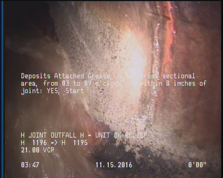 Deposits Attached Grease, 5 %of cross sectional area, from 03 to 09 o'clock, , within 8 inches of joint: YES, Start