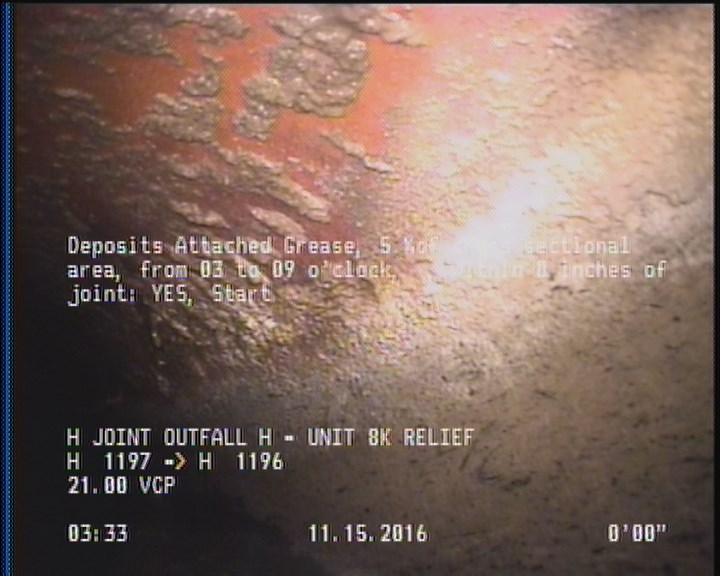Deposits Attached Grease, 5 %of cross sectional area, from 03 to 09 o'clock, , within 8 inches of joint: YES, Start