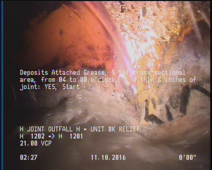 Deposits Attached Grease, 5 %of cross sectional area, from 04 to 08 o'clock, , within 8 inches of joint: YES, Start