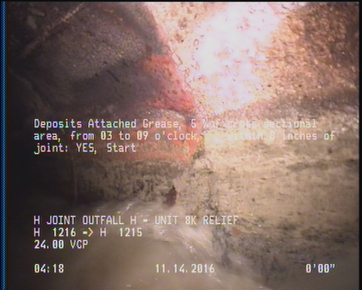 Deposits Attached Grease, 5 %of cross sectional area, from 03 to 09 o'clock, , within 8 inches of joint: YES, Start