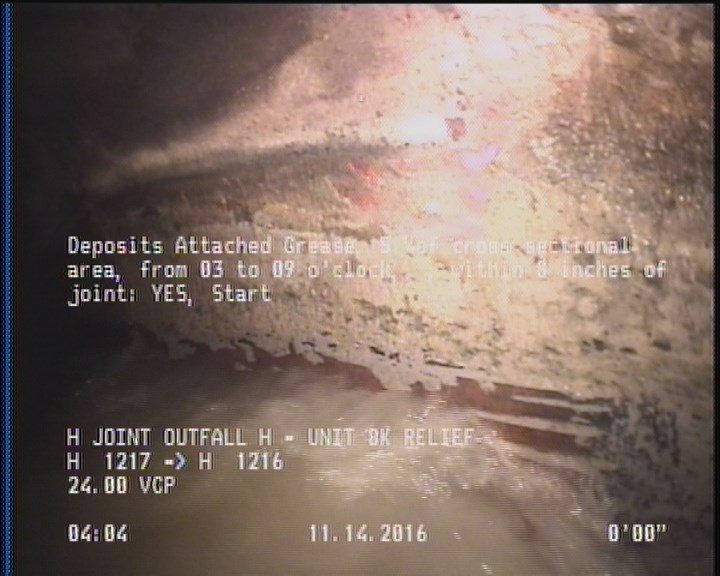 Deposits Attached Grease, 5 %of cross sectional area, from 03 to 09 o'clock, , within 8 inches of joint: YES, Start
