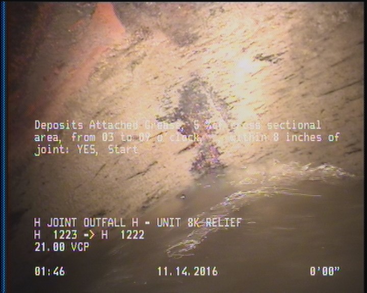Deposits Attached Grease, 5 %of cross sectional area, from 03 to 09 o'clock, , within 8 inches of joint: YES, Start
