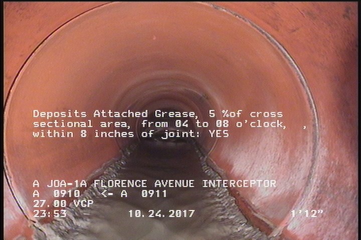 Deposits Attached Grease, 5 %of cross sectional area, from 04 to 08 o'clock, , within 8 inches of joint: YES, Start