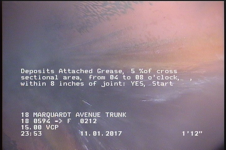 Deposits Attached Grease, 5 %of cross sectional area, from 04 to 08 o'clock, , within 8 inches of joint: YES, Start