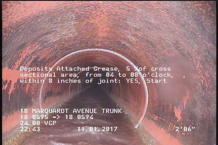 Deposits Attached Grease, 5 %of cross sectional area, from 04 to 08 o'clock, , within 8 inches of joint: YES, Start