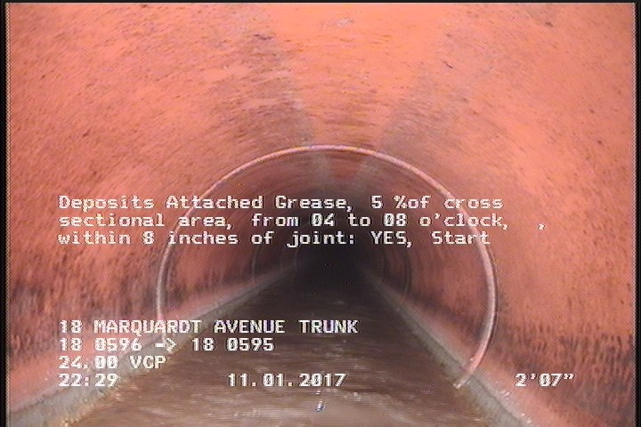 Deposits Attached Grease, 5 %of cross sectional area, from 04 to 08 o'clock, , within 8 inches of joint: YES, Start