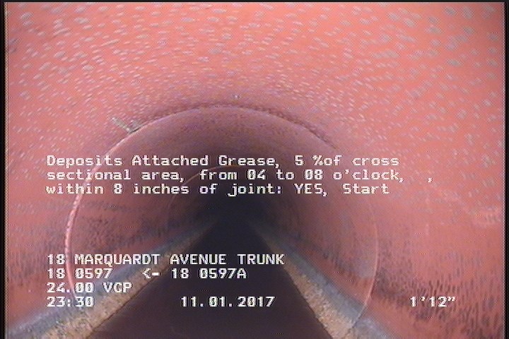 Deposits Attached Grease, 5 %of cross sectional area, from 04 to 08 o'clock, , within 8 inches of joint: YES, Start