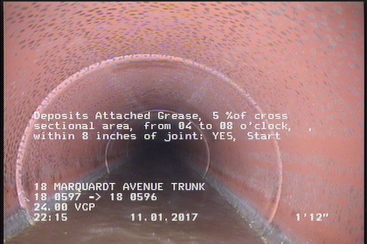 Deposits Attached Grease, 5 %of cross sectional area, from 04 to 08 o'clock, , within 8 inches of joint: YES, Start